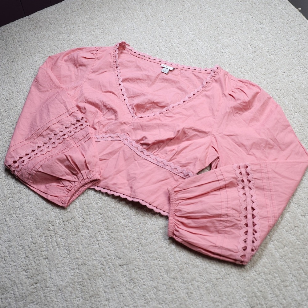 A New Day Pink Eyelet Lace Trim V-Neck Crop Top Puff Sleeve Blouse Size M